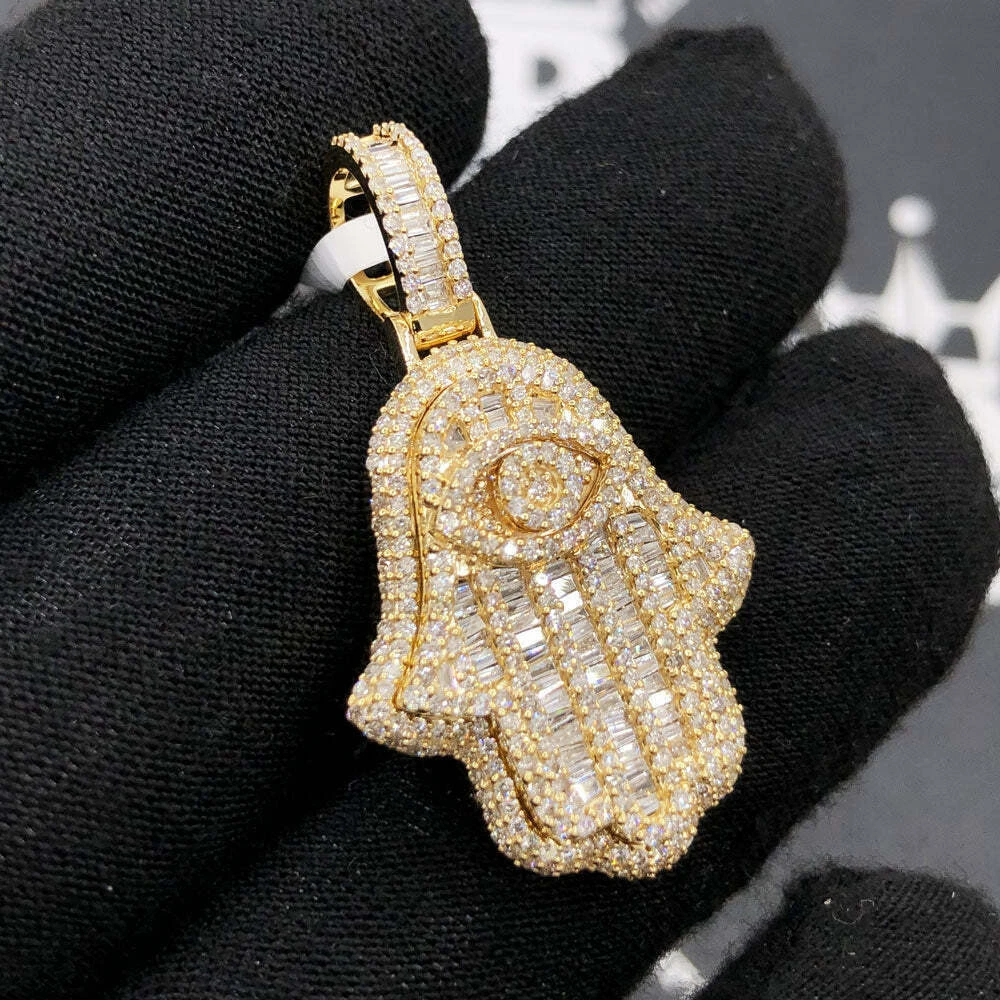 Baguette Round 1.88ctw Moissanite Iced Out Hamsa Hand Pendant 10K