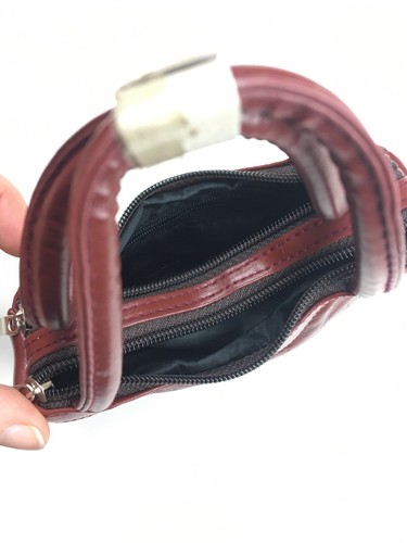Maroon Micro Top Handle soft leather Patchwork handbag Multi Zip Compartments - Picture 5 of 10