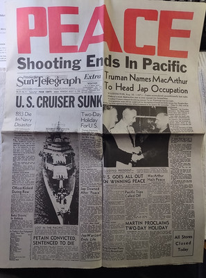 Pittsburgh Sun Telegraph August 15, 1945 PEACE Reprint -Sinking Indianapolis 16p
