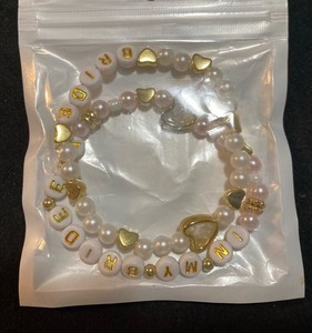 2 Bride Era Beaded Bracelet Set Pearl Wedding Friendship Bracelets, Gold Hearts