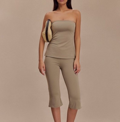 NWT Meshki Antonia Strapless Top & Layla Flared Crepe Capri Pants Set Mushroom