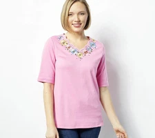 Quacker Factory Floribunda Scalloped V-Neck Elbow Sleeve Top