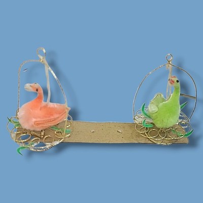 Lot 2 Vintage Chenille Birds in Wire Cages 2.5'' Dollhouse Miniatures Decor