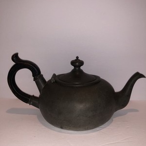 Antique Pewter Teapot With Hinged Lid Wooden Handle Worn Patina 11”