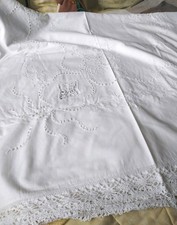 Large Antique  Table Cloth, Linen, Lace Edged & Motives Laundered, 3? Pale Marks