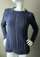 L.L. Bean Cable Knit Sweater Medium Navy Blue Shoulder Buttons Cotton