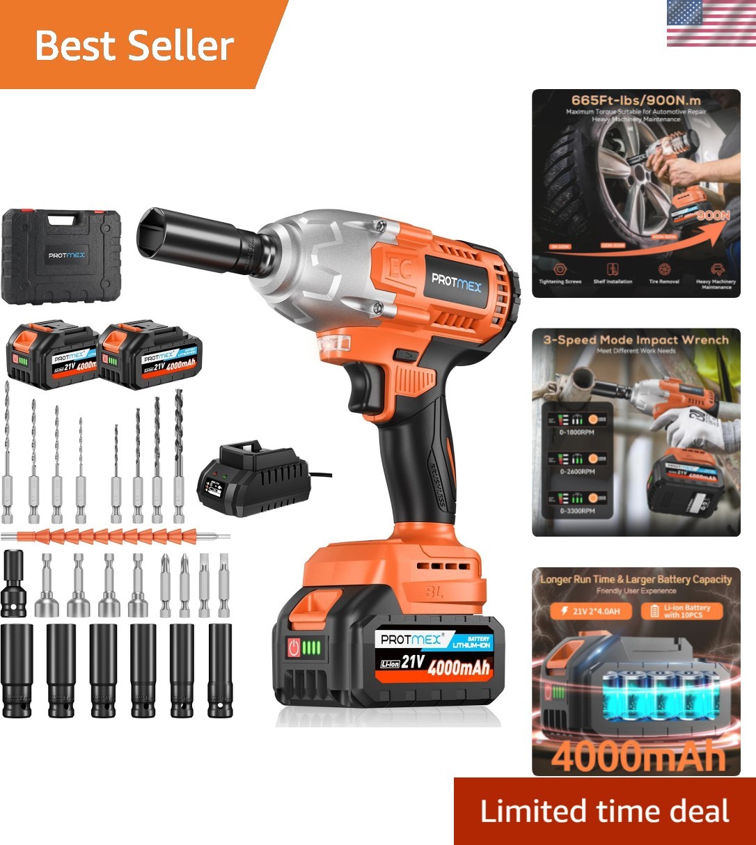 Protmex 21V Cordless Impact Wrench - 900 N.m Power, Quick Charger