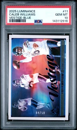 2025 Panini Luminance Vestige #4/50 POP 1 Caleb Williams Vestige-Blue PSA 10