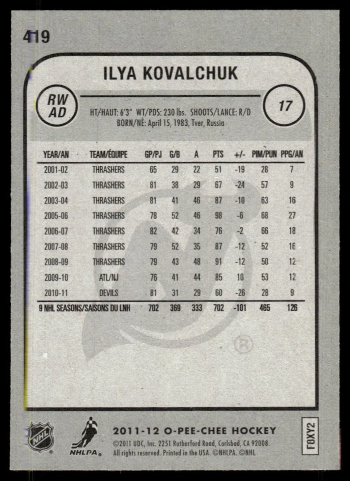 2011-12 O-Pee-Chee ! Ilya Kovalchuk New Jersey Devils #419 - Image 2 of 2