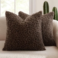 Pack of 2 Faux Fur Chocolate Throw Pillow Covers 18x18 Inch Boucle Decorative