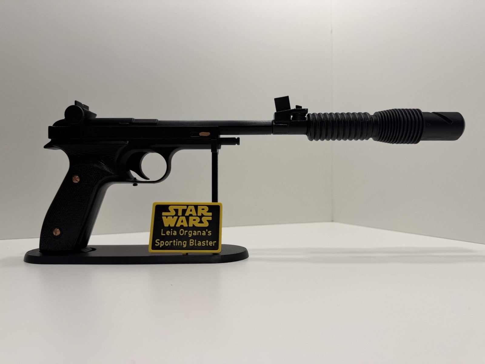 Star Wars Princess Leia Blaster &ndash; 15" 3D Printed Prop + Display Stand &ndash; Black