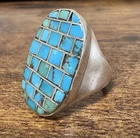 Vtg Southwestern American Silver Turquoise Inlay Ring Size 11 Mens Statement