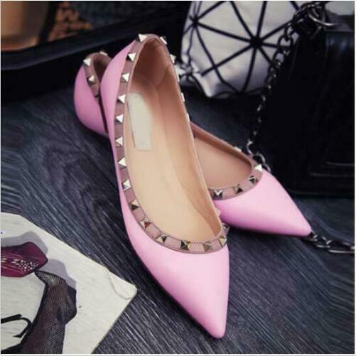 Ladies Roman Rivet Studded Pointed Toe Flat Heel Pump Court Party Shoes ...