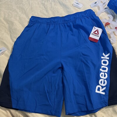 Reebok Logo Mens Athletic BLUE Knit Logo Shorts SZ M   9'' inseam -New With Tags