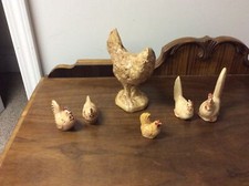 6 Vintage Brown Or Tan Ceramic Chichens 1&1/2” To 6&1/4” Tall Pair If S&P Shaker