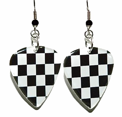 Checkered Flag Guitar Pick Pierced or Clip on Dangle Earrings (GP015) - Picture 2 of 3