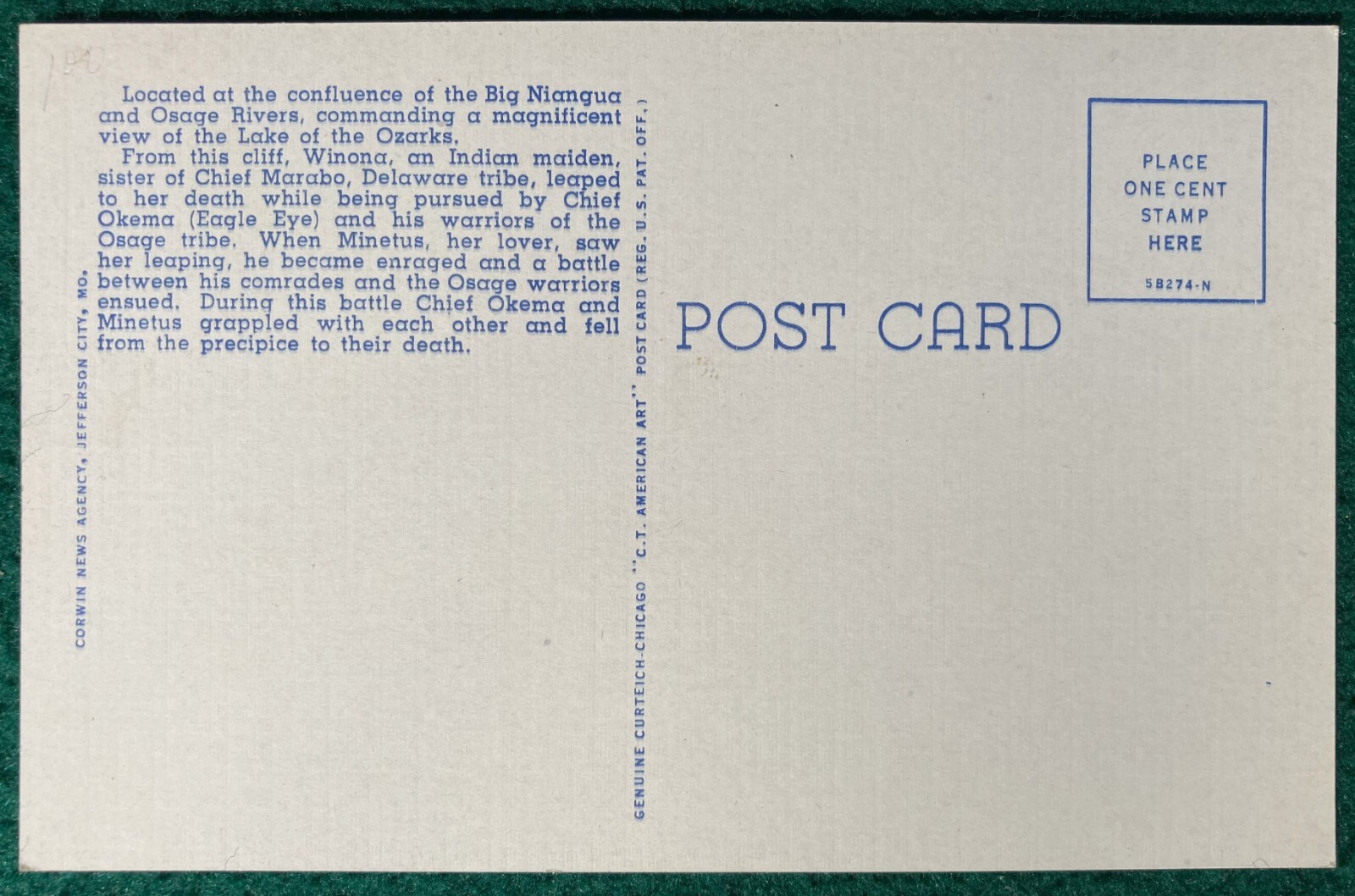 Linen Postcard MO near Camdenton Lovers Leap Lake of the Ozarks c1945