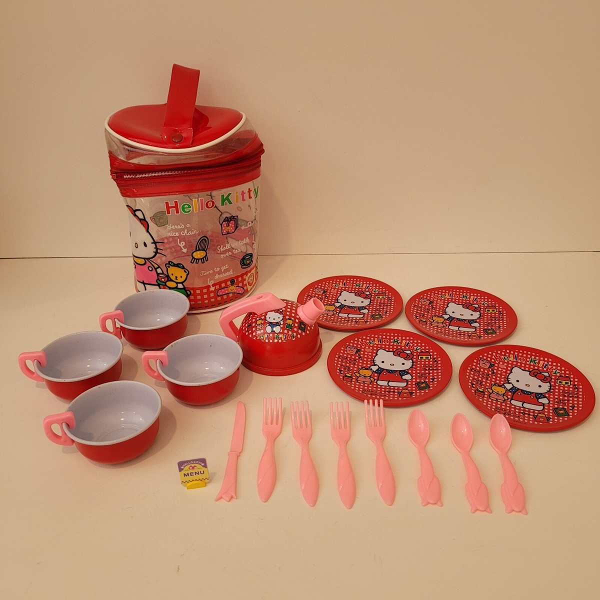 Hello Kitty Sanrio 1992 Red Vintage Tea Set Tin Plastic Bag | eBay