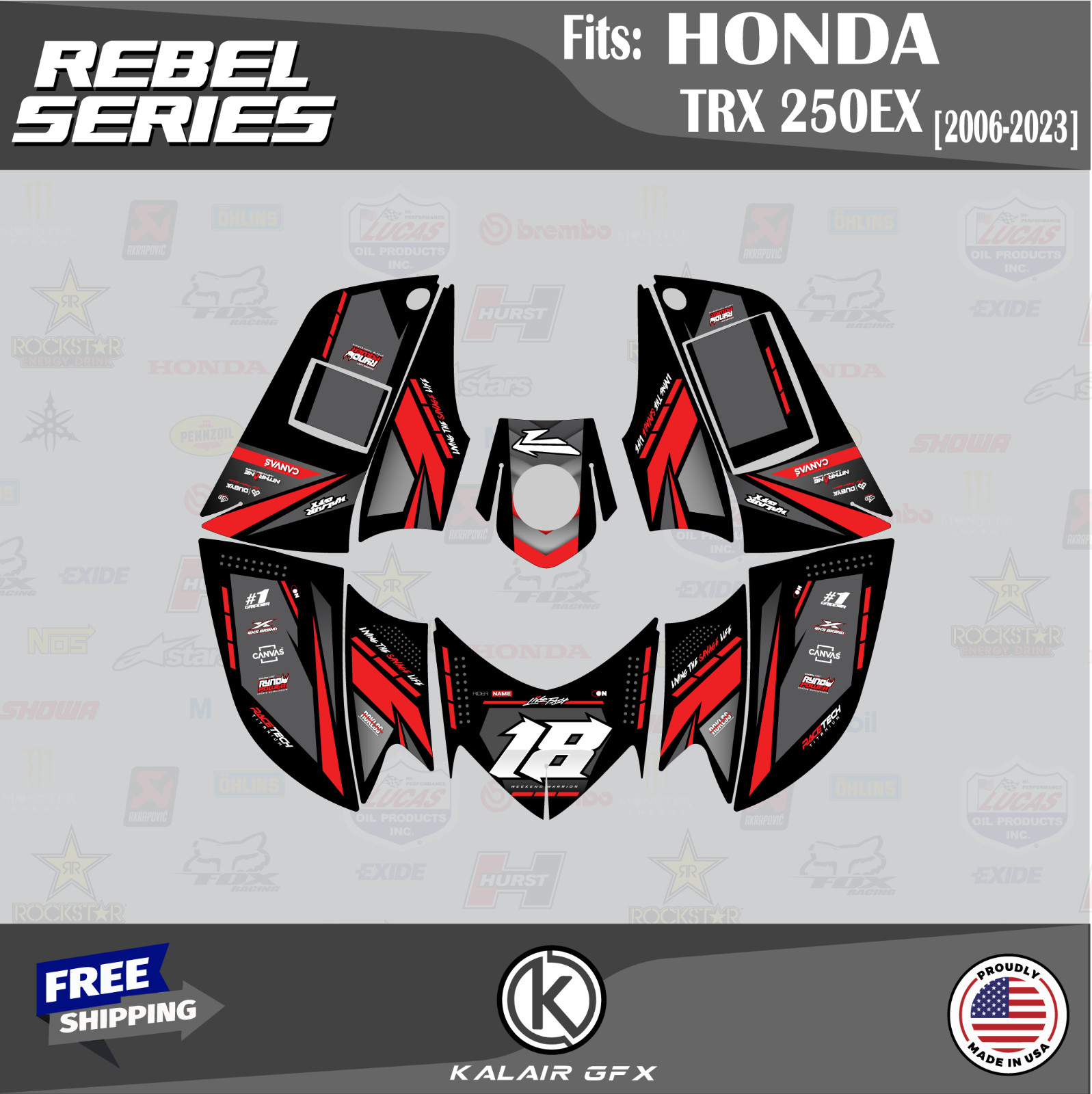 Graphics Kit for HONDA TRX 250EX (2006-2012) 16MIL Rebel Series - Red