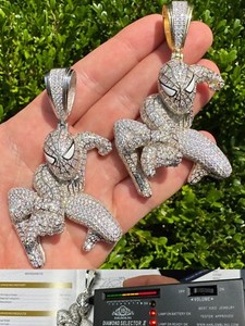 Authentic MOISSANITE Real 925 Silver/14k Gold Plated LARGE Iced Spiderman Pendant Necklace