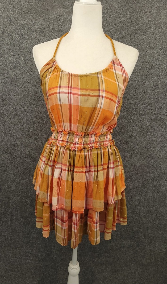 Aerie Halter Dress Womens Small Elastic Waist Tiered Backless Multicolor  Plaid | eBay