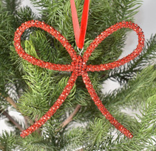 Red Rhinestone Gem Wrapped Bow 5-3/8" Christmas Ornament Velvet Hanging Loop