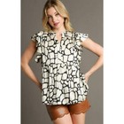 Umgee Full Size Two Tone Animal Print Notched Ruffle Cap Sleeve Blouse Plus Size