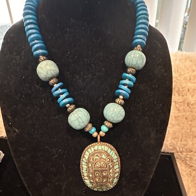 Vintage Turquoise Stone Metal Caparazon De Tortuga Necklace 12  Beaded 