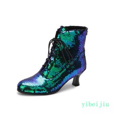 Women's Mid Kitten Heel Sequins Ankle Boots Glitter Shoes Dance Stage Plus Size