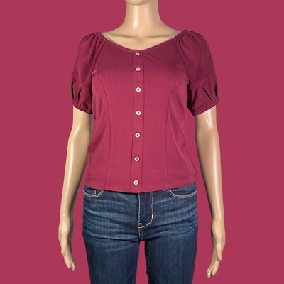#ad NWT Express Burgundy Faux Button Up Puff Sleeve Top Size Small quot;Aaren $10.00