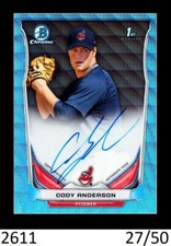 1-2014 BOWMAN CHROME BLUE WAVE REFRACTOR AUTO CODY ANDERSON INDIANS 27/50