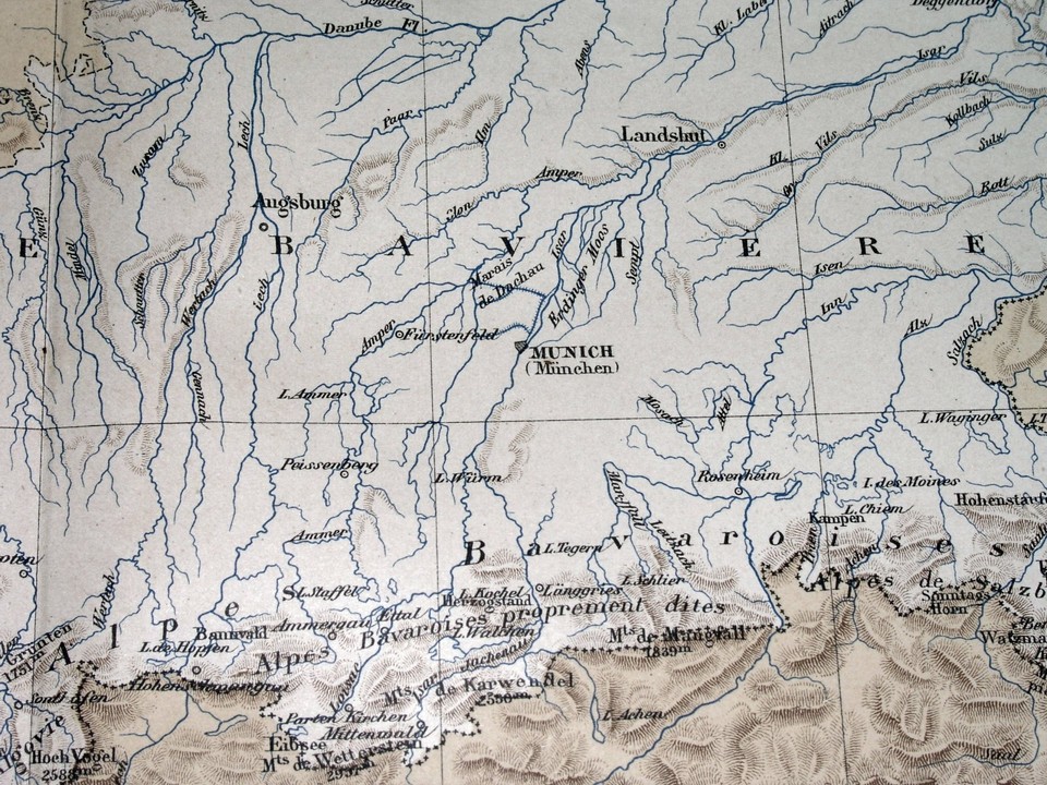 1888 ORIGINAL ANTIQUE MALTE-BRUN PHYSICAL MAP OF BAVARIA BAYERN MUNICH ...