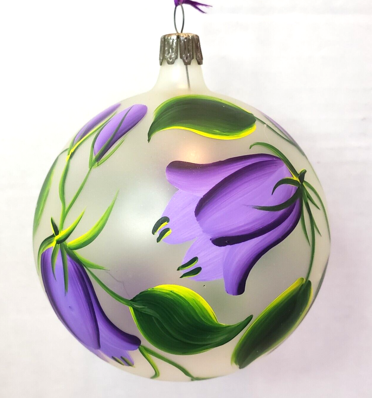 Large Frosted Glass Ball Christmas Ornament Purple Flower Hand Painted