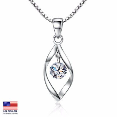 Women 925 Sterling Silver Chain Necklace Crystal Spinning Spiral Style Pendant