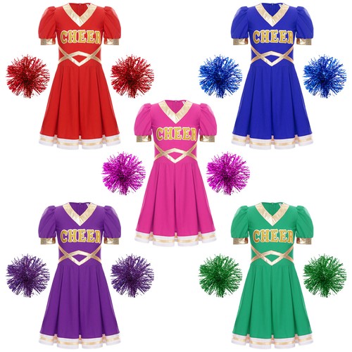 Kids Girls Cheerleading Dance Set Color Block Cheerleading Dress CHEER Printed - Picture 1 of 41
