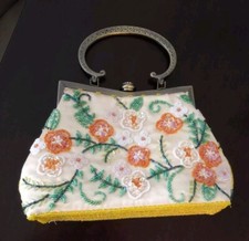 Vintage Beaded Flowers Brass Framed 8" Purse Handbag  Includes 22" Chain Yellow