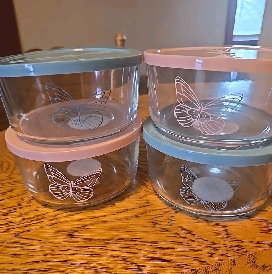 Contenedor de 4 cuencos de almacenamiento de alimentos de vidrio Dolly Parton 16 OZ rosa mariposa/azul 🦋 Foto 3 de 4