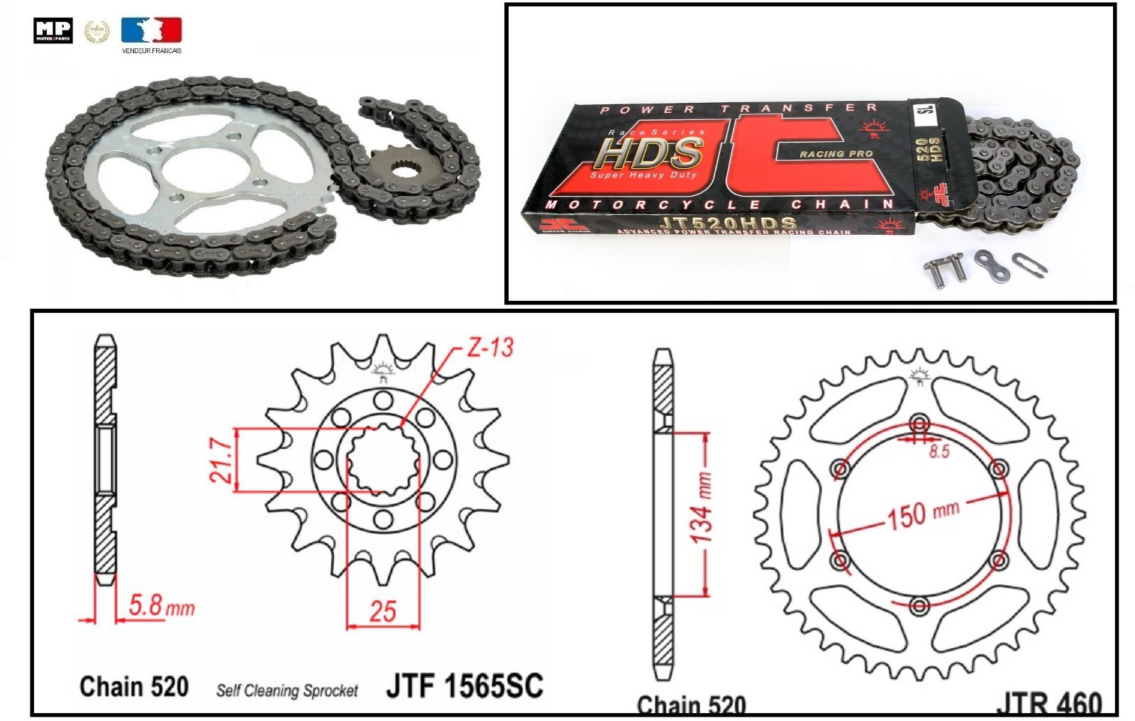Kit chaine 520 haute résistance pignon 13 couronne 50 KAWASAKI KX 450 F