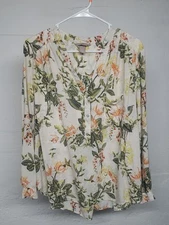 H&M Womens Long Sleeve Shirt 14 Tan Floral V Neck Blouse