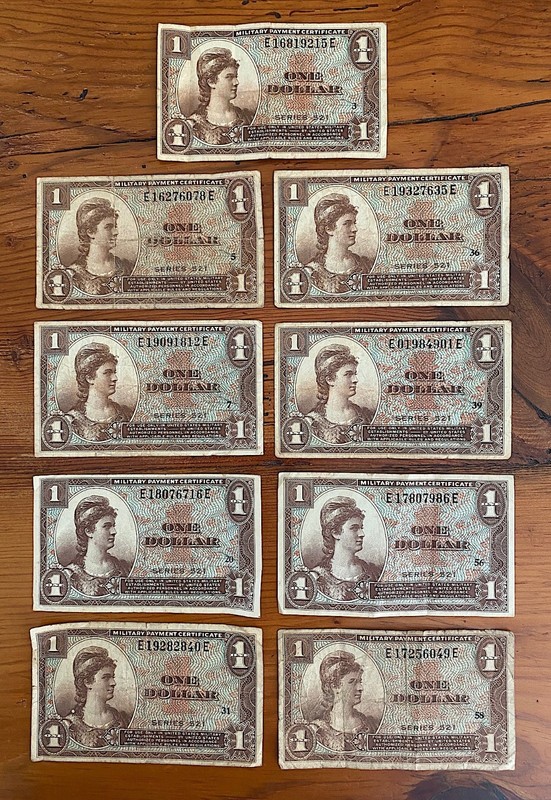Military Payment Certificate MPC Series 521 One Dollar $1 Circulated Lot of 9