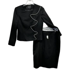 John Meyer Collection Skirt Suit Womens Size 14 Black White Ruffle Jacket Career
