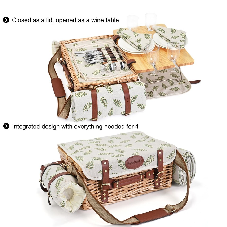 Multifunctional Wicker Picnic Basket Set for 4 with Blanket and Picnic ...