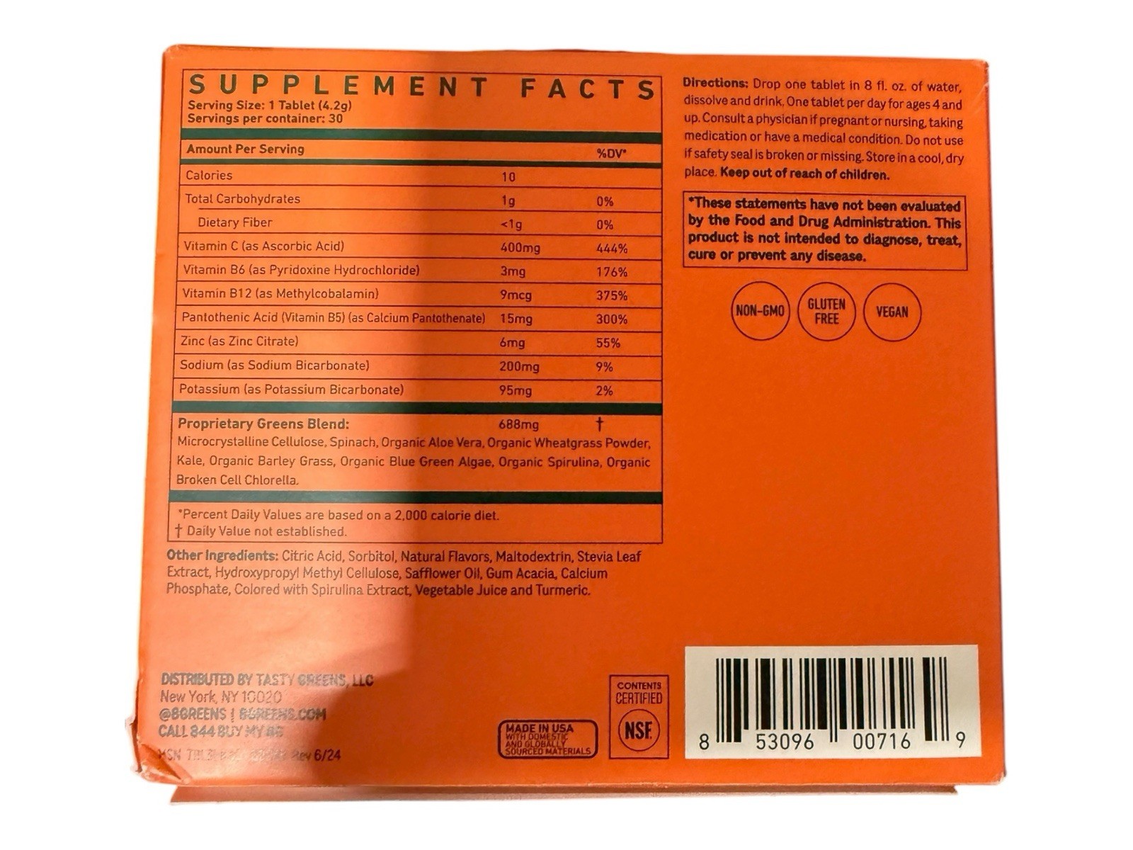 8Greens Daily Greens Effervescent Tablets - Blood Orange- 30 Tablets Exp 06/2027