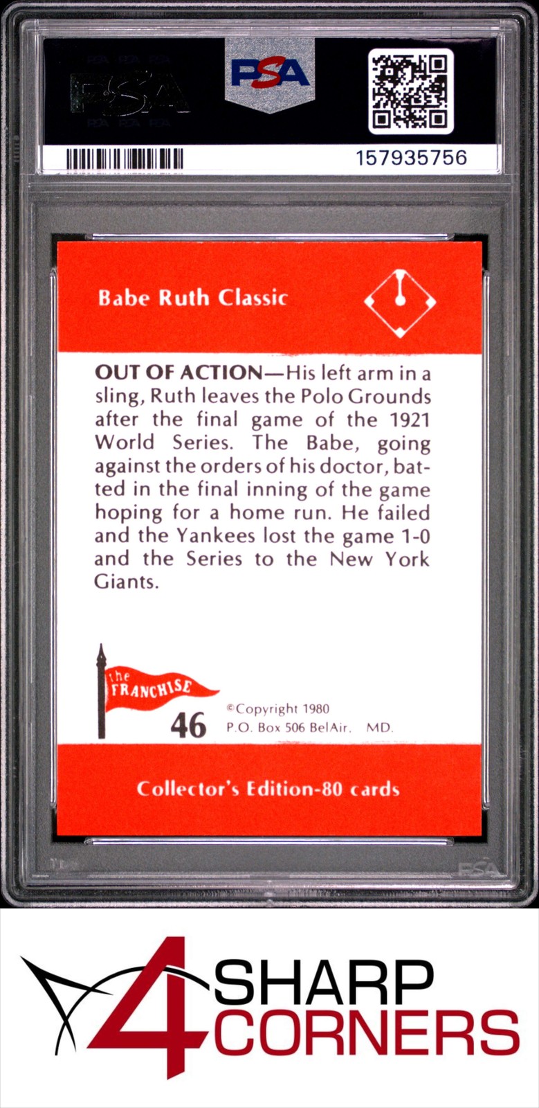 1980 FRANCHISE BABE RUTH #46 OUT OF ACTION POP 6 PSA 9 view 2