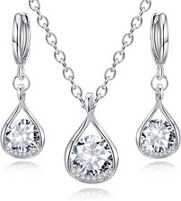 Women's White Crystal Teardrop Necklace Earrings Set Jewelry Elegant Gift Her