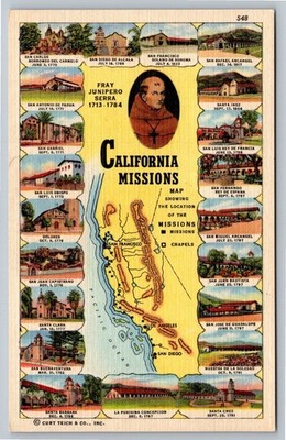Vintage California Missions Postcard by Curt Teich & Co. 548 Map Art