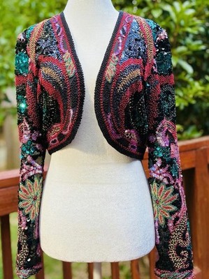 Vintage 80s A.J. Bari Silk Beaded Sequin Cropped Bolero Jacket S/M