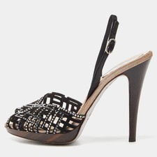 Rene Caovilla Black Suede and Fabric Crystal Embellished Slingback Sandals Size