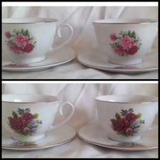Set Of 4 Vintage Style Modern Cup And Saucer Sets Assorted Pink And Red Roses