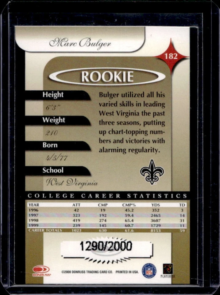 2000 Donruss Elite Marc Bulger Rookie Die Cuts Rookie RC #1290/2000 Saints - Image 2 of 2